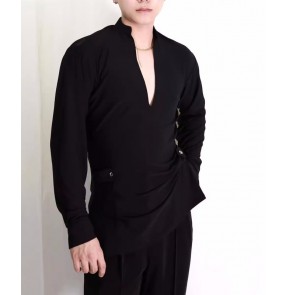 Men's black latin dance shirts Youth modern waltz tango flmanco dancing tops waist with buckle back with mesh